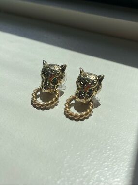 Gold Leopard Head Hoop Drop Earrings